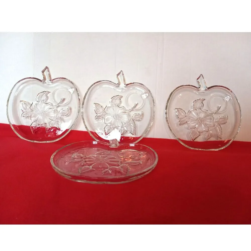 Set of 4 Midcentury Hazel Atlas Apple Blossom Clear Glass Luncheon Plates